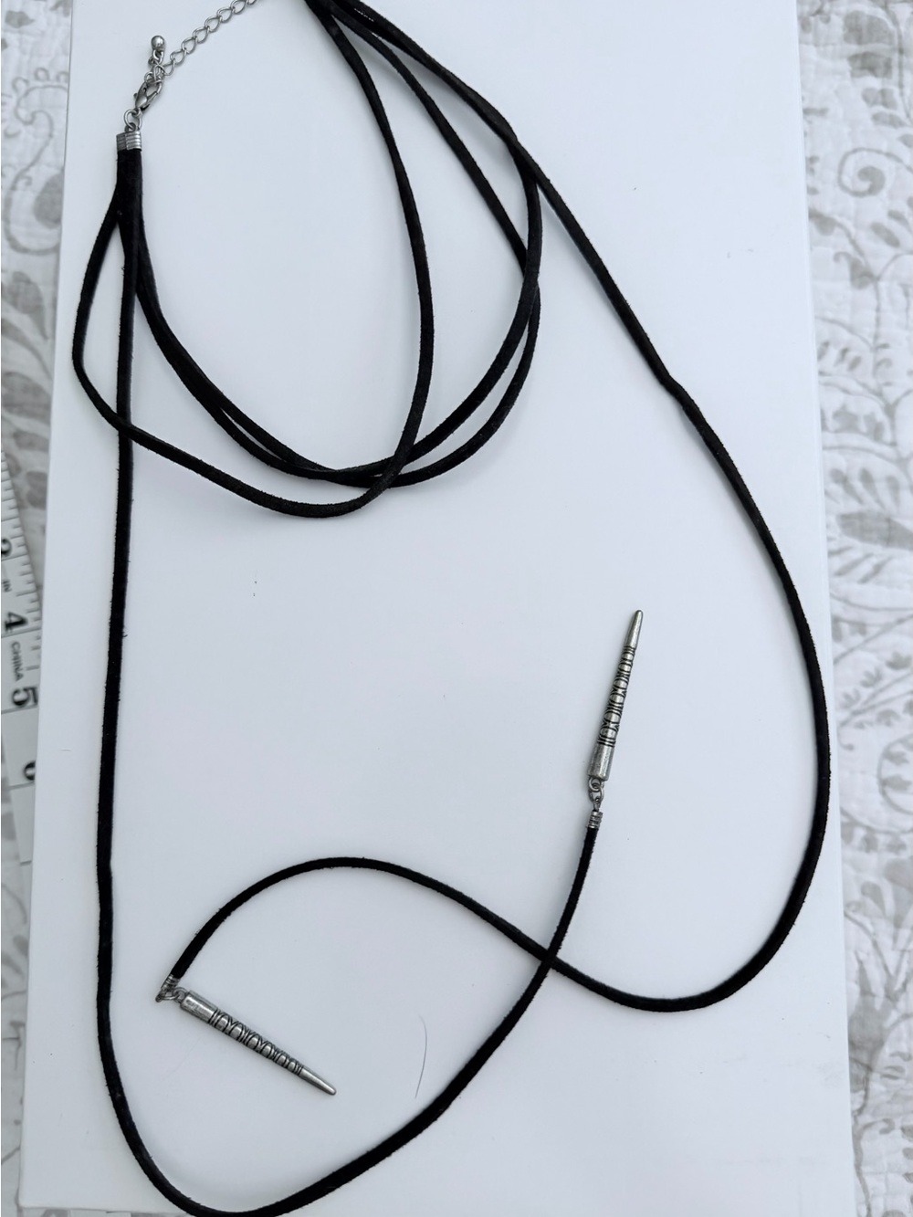 Black Suede Cord Lariat Necklace with Silver Bullet Tips